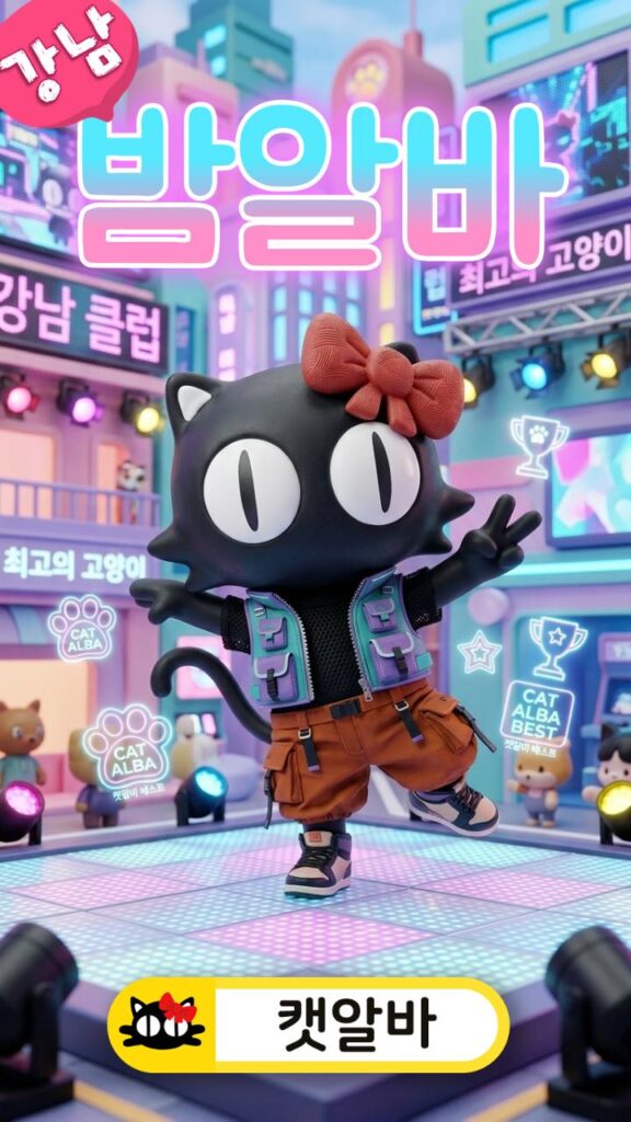 강남 미니어처 무대에서 캣알바 브랜드 유입 유도와 춤추는 캐릭터