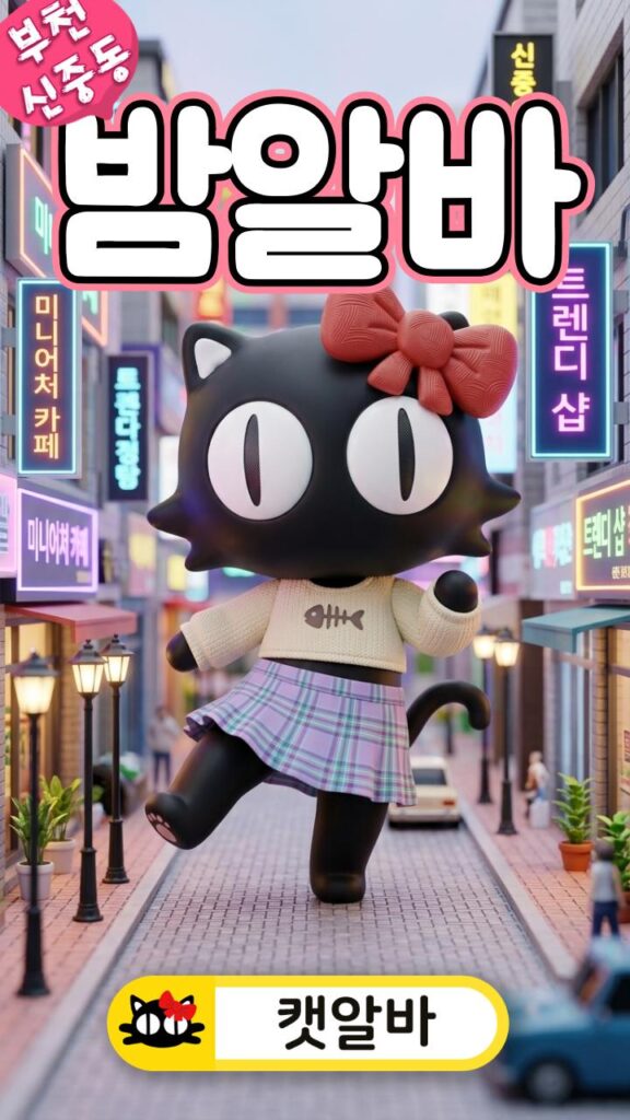 부천 지역 중심 신중동역 3번출구 인근 골든 상권 노래방 인프라 미니어처 배경 무대에서 파격적이고 여성스러운 힙 캐주얼 치마를 입고 춤추는 캣알바 캐릭터
