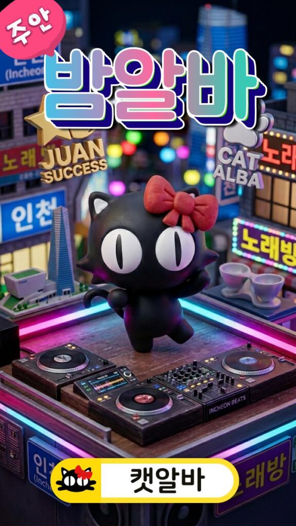 주안 DJ 부스 미니어처 무대에서 캣알바 성공 브랜딩과 춤추는 캐릭터